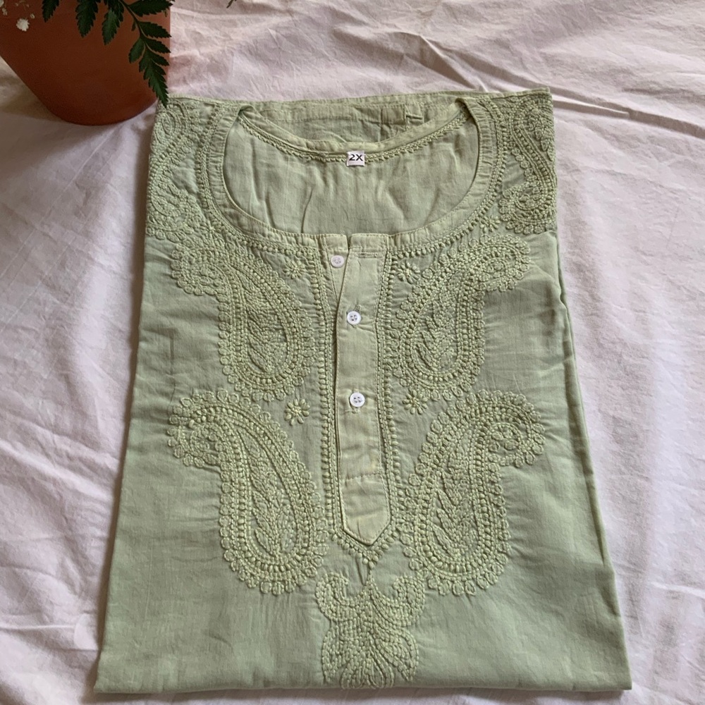 Tunic Kurta Woman’s Top Long Sleeve Hand Embroidered 100% Cotton Paisley Design